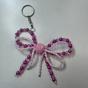 Pink Bow Beaded Keychain Charm Coquette Style Handmade Bag Charm Pearl Beads